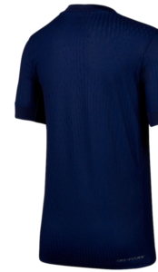 Navy blue short-sleeve athletic shirt shown from the back, with textured fabric and a small Dri-FIT mark at the bottom right.