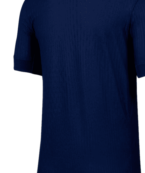 Navy blue short-sleeve athletic shirt shown from the back, with textured fabric and a small Dri-FIT mark at the bottom right.