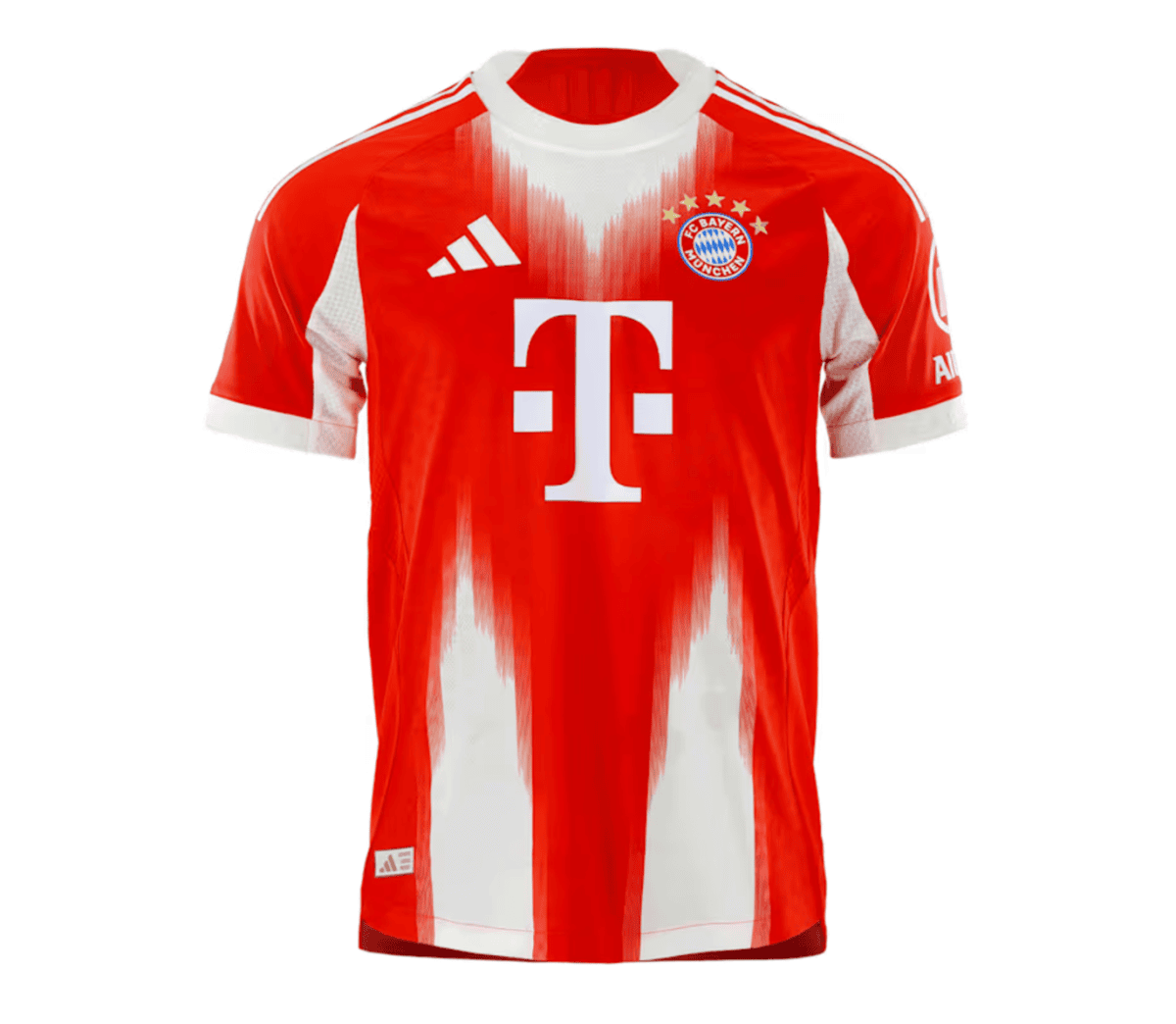 Red FC Bayern Munich home soccer jersey with white sponsor logo (T-Mobile), Adidas stripes, and club crest on chest.