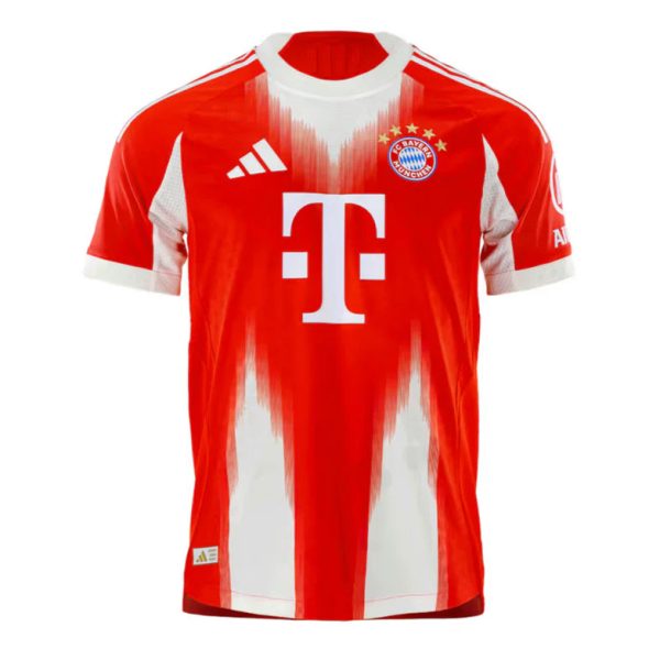 Red Bayern Munich soccer jersey featuring white vertical streaks, white sponsor logo, and team crest on the chest