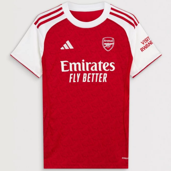 Arsenal home football jersey: red body with white sleeves, Adidas logo and Arsenal crest, Emirates Fly Better sponsor across the front.