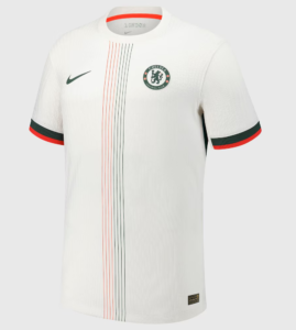 White Chelsea FC soccer jersey with thin red and black vertical stripes, Nike logo, and club crest on the chest.