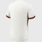 White athletic T-shirt shown from the back with green and red trim on the sleeves and side stripe, DRI-FIT branding at the lower back.