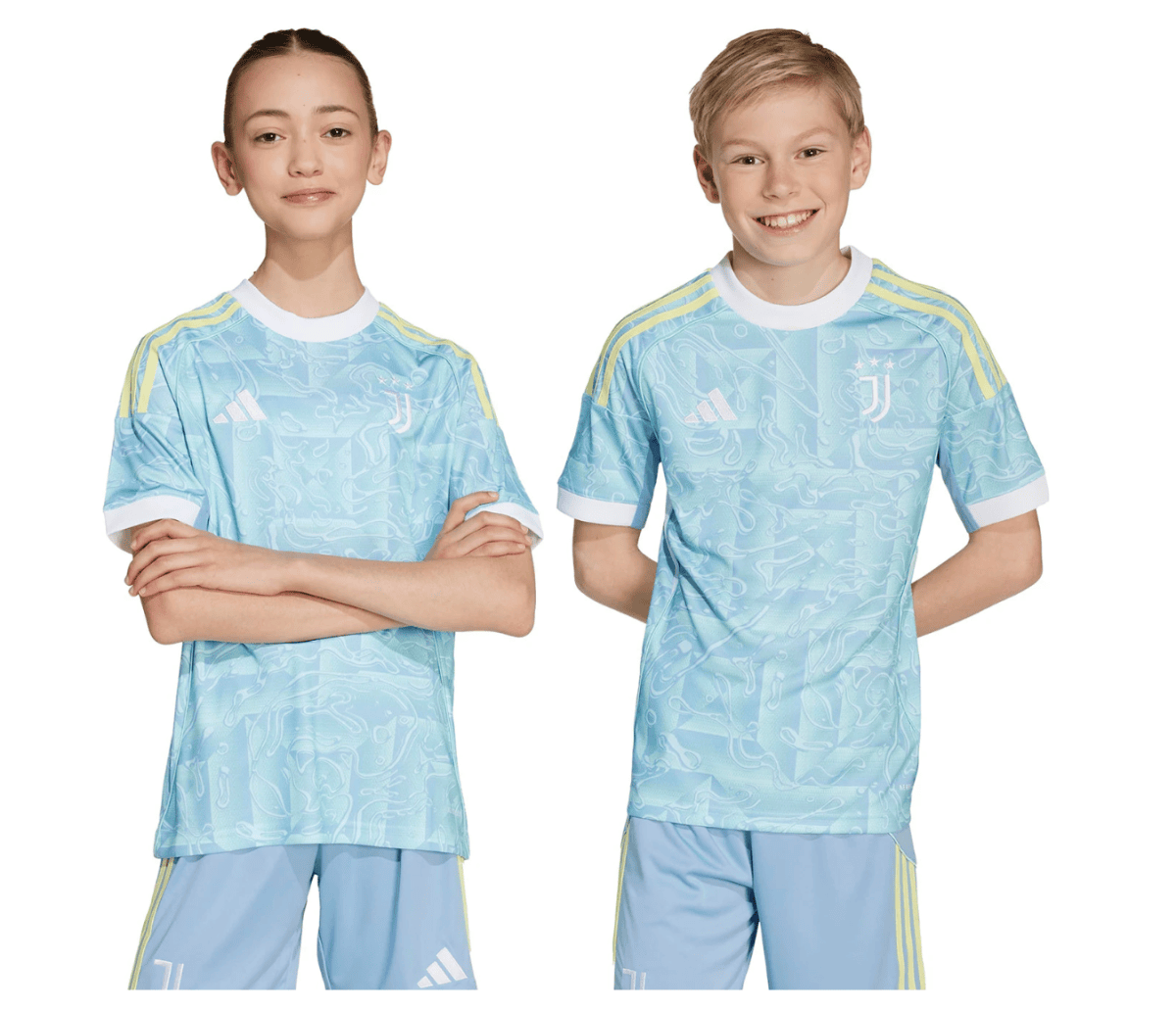 Two kids standing side by side wearing light blue Juventus soccer jerseys with yellow stripes on the shoulders and white cuffs.