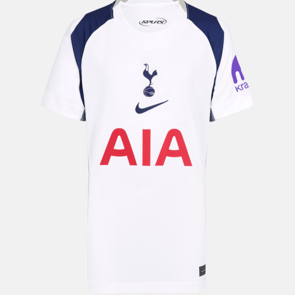 Front view of a white Tottenham Hotspur football jersey with navy shoulder accents, red AIA sponsor logo, and Nike swoosh.