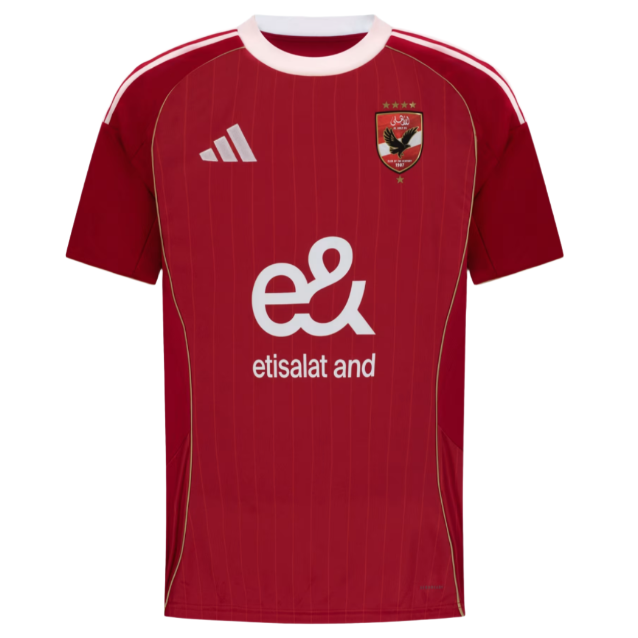 Screenshot_2025-07-01_191101 Front view of a red football jersey with white collar, vertical stripes, and a team crest on the left chest