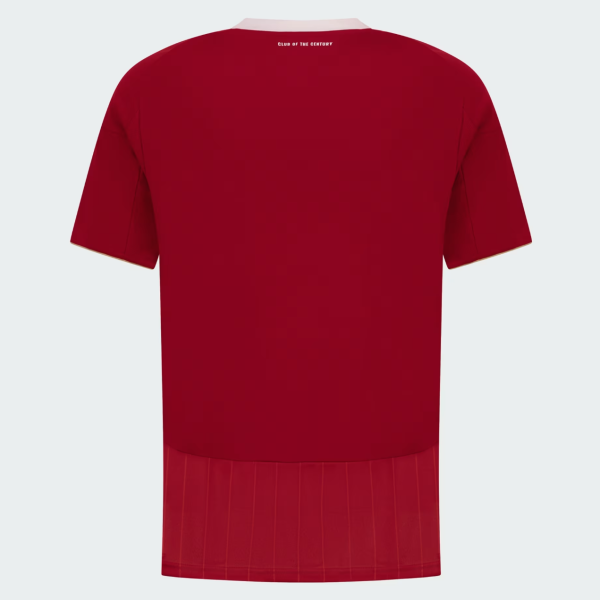 Back view of a red short-sleeve sports jersey with a white collar and pleated panel at the bottom hem.