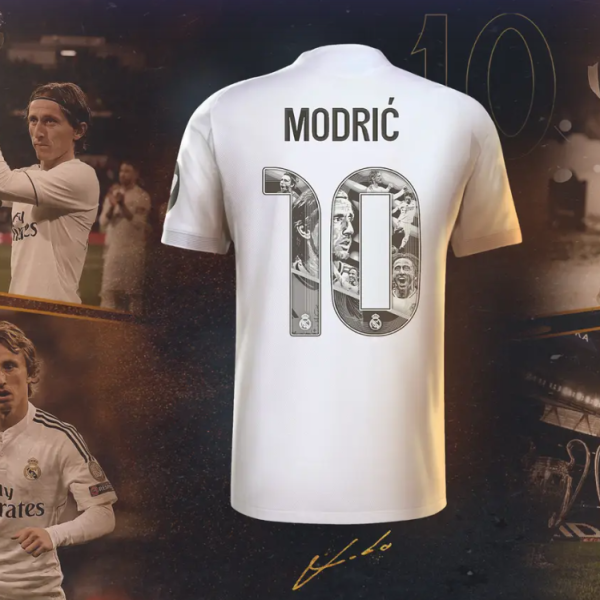 White soccer jersey with a large number 10 filled with images, set against a collage of football moments and trophies.