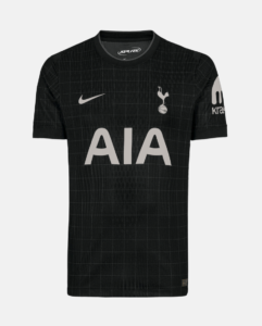 Front view of a black Tottenham Hotspur football jersey featuring the gray AIA sponsor across the chest, with a white Nike swoosh on the left and the club crest on the right.