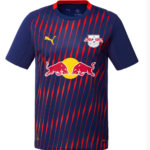 Blue and red striped soccer jersey with Red Bull logo across the front and RB Leipzig crest on the chest.