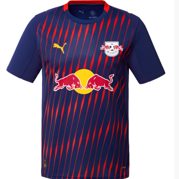 Blue and red striped soccer jersey with Red Bull logo across the front and RB Leipzig crest on the chest.