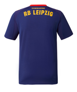 Back view of a dark purple RB Leipzig football jersey with yellow lettering, red collar, and small 'YOU CAN DO ANYTHING' text at the neck