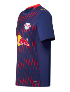 Navy blue soccer jersey with bold red diagonal stripes, Red Bull logo, and team crest on the chest; blue sleeves.