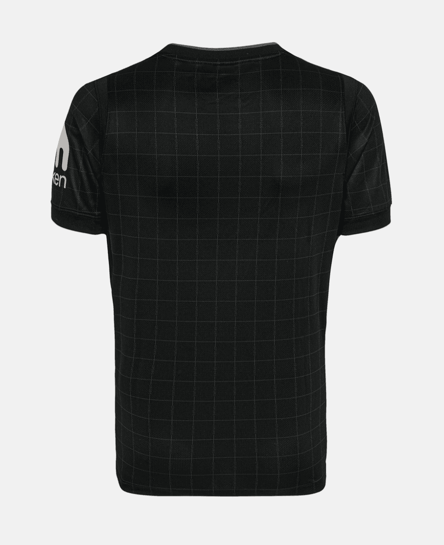Screenshot_2025-07-16_184037 | UAE SPORT STORE Back view of a black short-sleeve shirt with a subtle square grid pattern and a partial white logo on the left sleeve.
