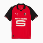Red Rennes football jersey with black sleeves, white SAMSIC sponsor logo, and club crest on the chest.