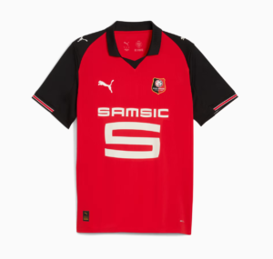 Red Rennes football jersey with black sleeves, white SAMSIC sponsor logo, and club crest on the chest.