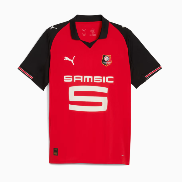 Red Rennes football jersey with black sleeves, white SAMSIC sponsor logo, and club crest on the chest.