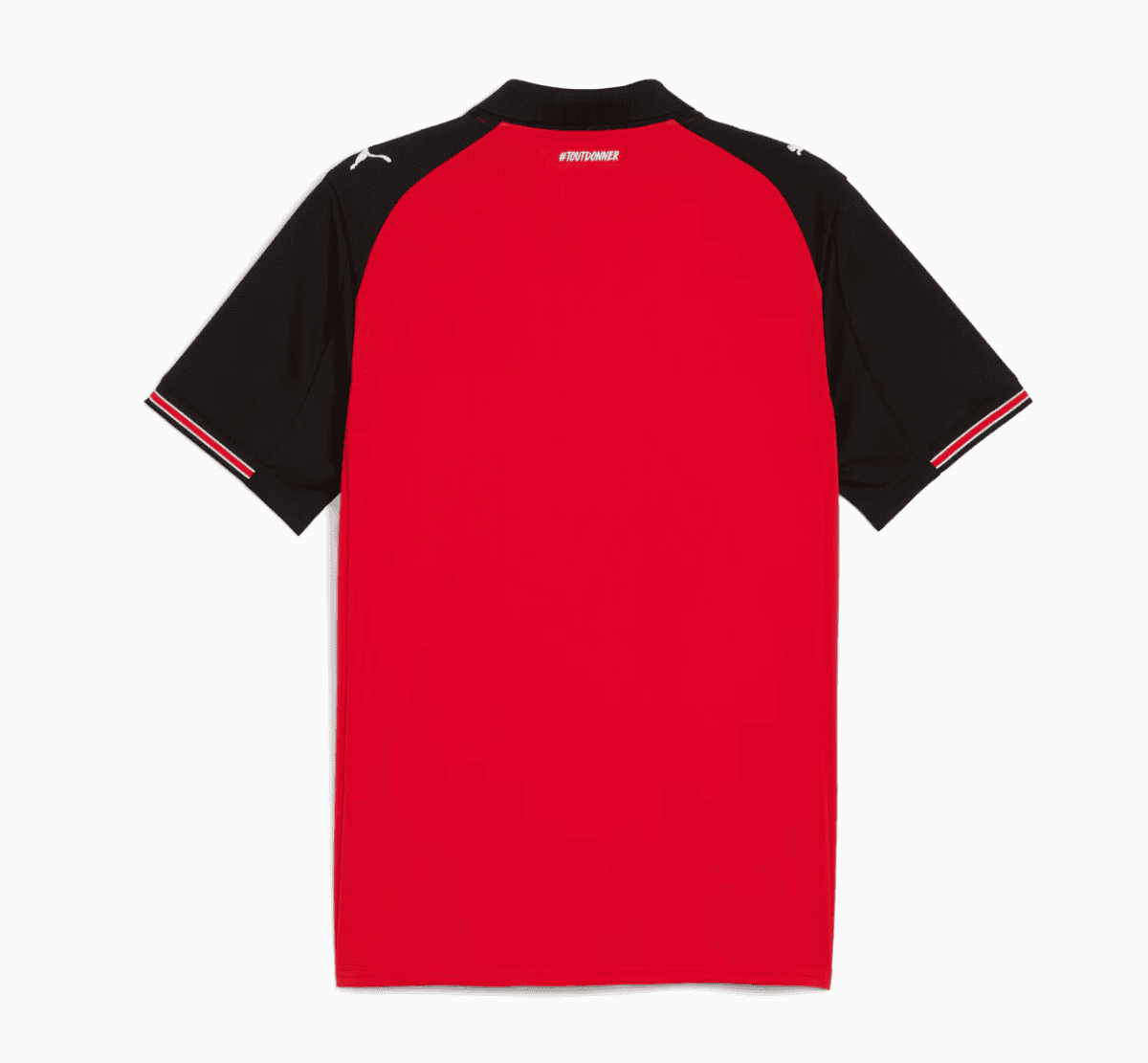 Red sports jersey with black sleeves and white-trimmed cuffs, viewed from the back, featuring a small white hashtag near the neckline (#TOUTDONNER).