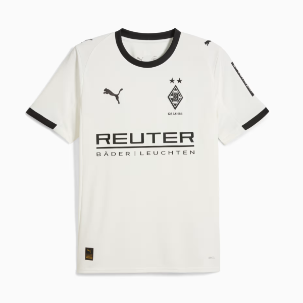 Front view of a white Borussia Mönchengladbach football jersey with black collar and cuffs, featuring the club crest, Puma logo, and Reuter Bäderleuchten sponsor on the chest area.