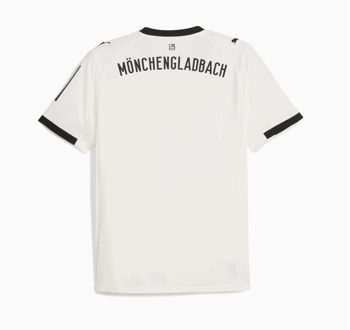 Back view of a white soccer jersey with black collar and cuffs, displaying the curved text 'MÖNCHEGLADBACH' across the upper back.