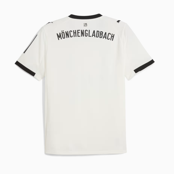 Back view of a white soccer jersey with black collar and cuffs, displaying the curved text 'MÖNCHEGLADBACH' across the upper back.