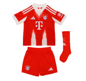 Red Bayern Munich football kit: jersey, shorts, and socks with white accents, crest, and sponsor logo on jersey.