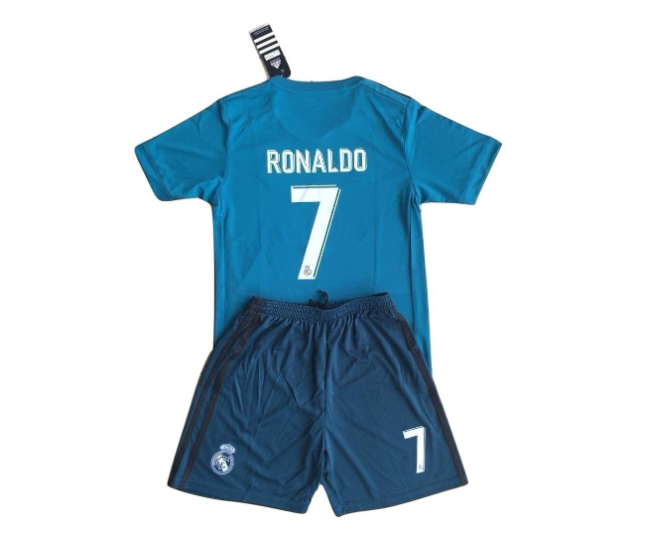 Blue Real Madrid Ronaldo soccer kit: jersey with 'RONALDO' and number 7 paired with matching blue shorts laid flat.