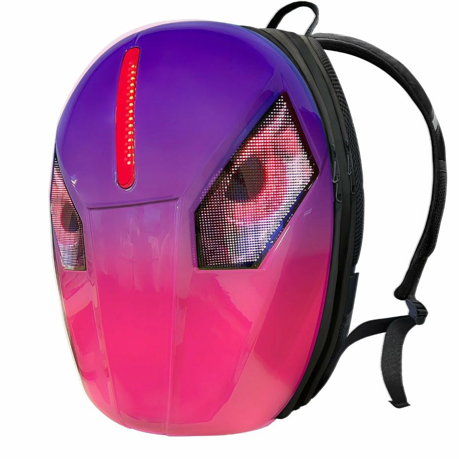 Front view of a glossy, gradient purple-pink LED light-up helmet with black adjustable straps and side vent panels.