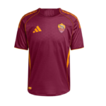 Roma soccer training jersey in maroon with orange Adidas logo and club crest on chest; yellow piping and side panels, short sleeves.