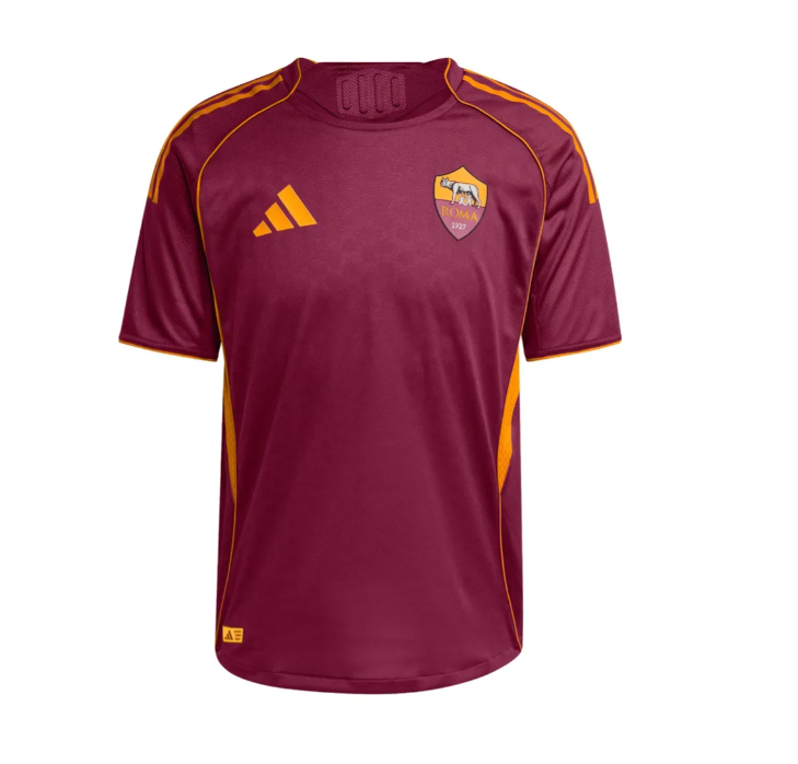 Screenshot_2025-07-29_232707 Roma soccer training jersey in maroon with orange Adidas logo and club crest on chest; yellow piping and side panels, short sleeves.