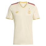 Cream soccer jersey with gold Adidas logo and crest on left chest, gold trimmed collar and sleeves, red/black shoulder accents, V-neck.