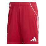 Red Adidas athletic shorts with white side stripes and logo on the lower right leg, elastic waistband in view.