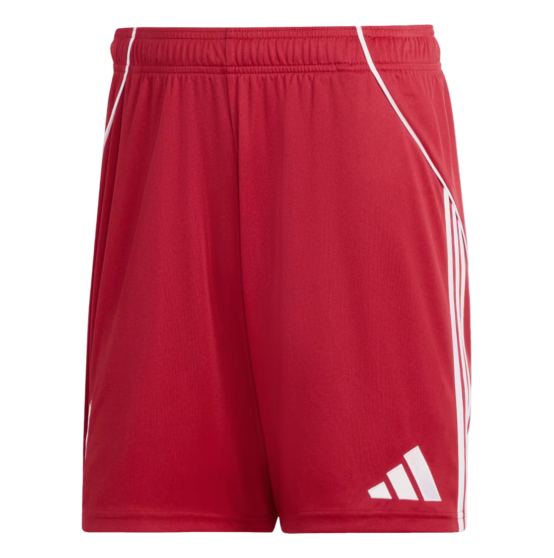 Screenshot_2025-09-22_200525 Red Adidas athletic shorts with white side stripes and logo on the lower right leg, elastic waistband in view.