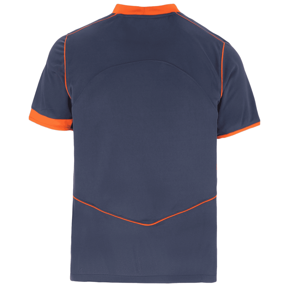 Back view of a navy blue athletic jersey with orange trim along collar, shoulders, sleeves, and hem.
