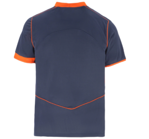 Screenshot_2025-10-12_200436 | UAE SPORT STORE Back view of a navy blue athletic jersey with orange trim along collar, shoulders, sleeves, and hem.