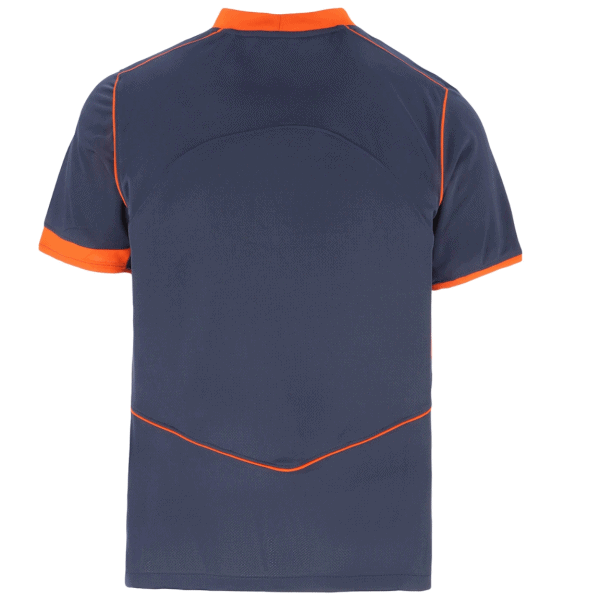 Back view of a navy blue athletic jersey with orange trim along collar, shoulders, sleeves, and hem.