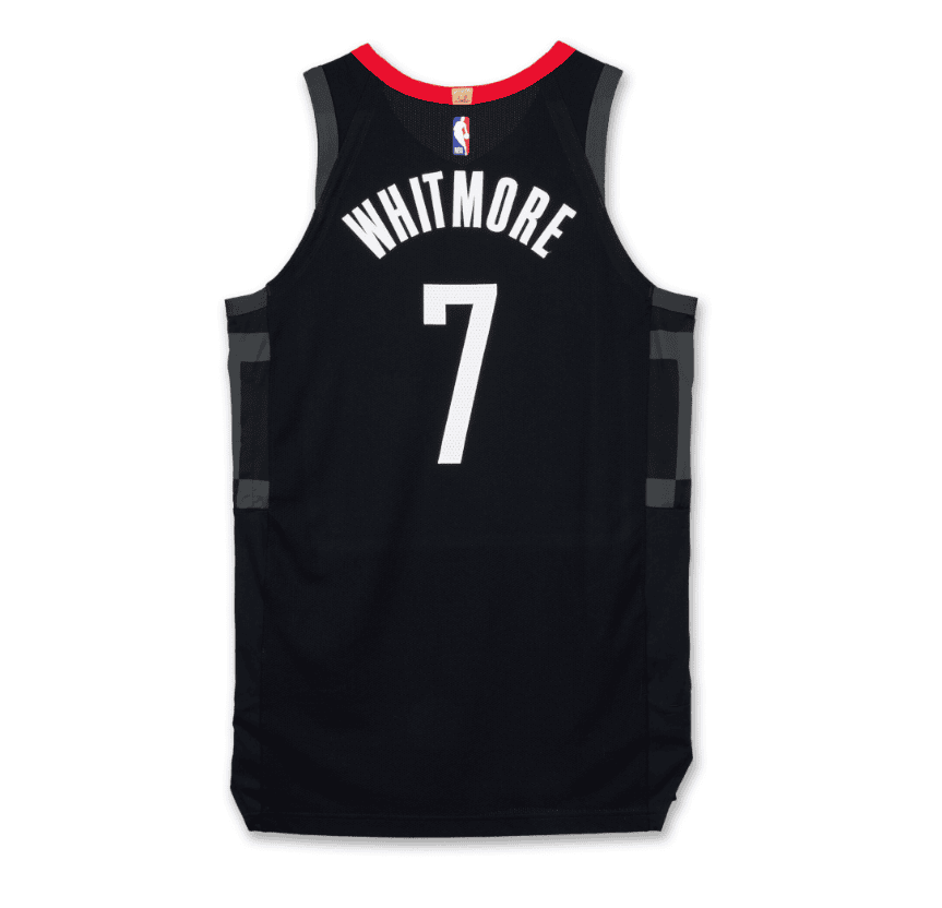 Screenshot_2025-10-27_195203 | UAE SPORT STORE Black basketball jersey with 'WHITMORE' and large white 7 on the back, red collar and gray side panels.