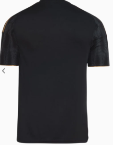 Back view of a black short-sleeve shirt with subtle textured sleeves and orange trim at the cuffs.