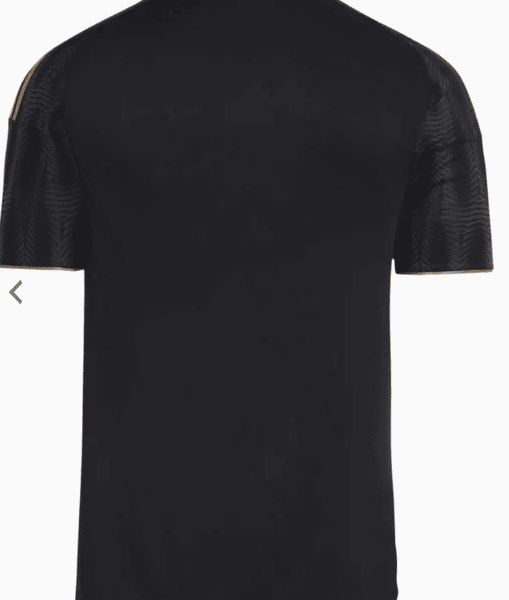 Back view of a black short-sleeve shirt with subtle textured sleeves and orange trim at the cuffs.