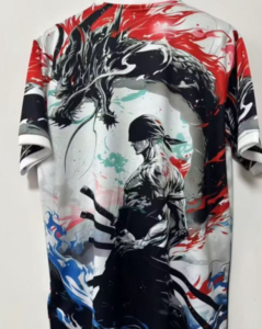 Graphic t-shirt with an anime-style samurai holding two swords, set against red, black, and teal brush strokes and a pale circular background.