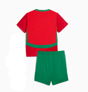 Back view of a red short-sleeve jersey with green trim paired with green shorts. Notable green waistband on the shirt and matching green shorts.