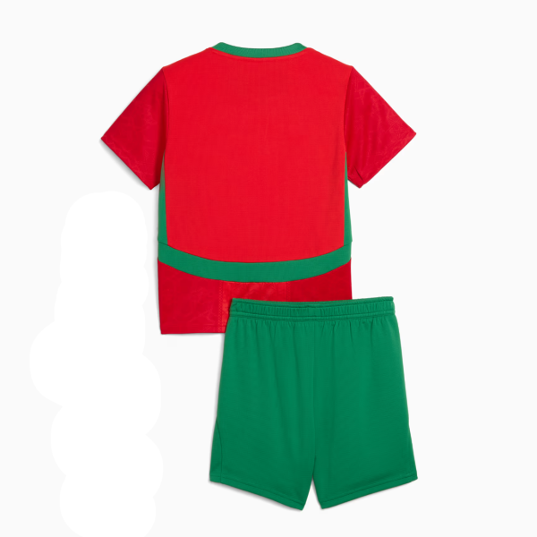 Back view of a red short-sleeve jersey with green trim paired with green shorts. Notable green waistband on the shirt and matching green shorts.