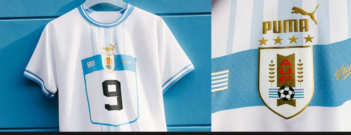 White soccer jersey with light blue accents and a large number 9 on the front, hanging against a blue wall.