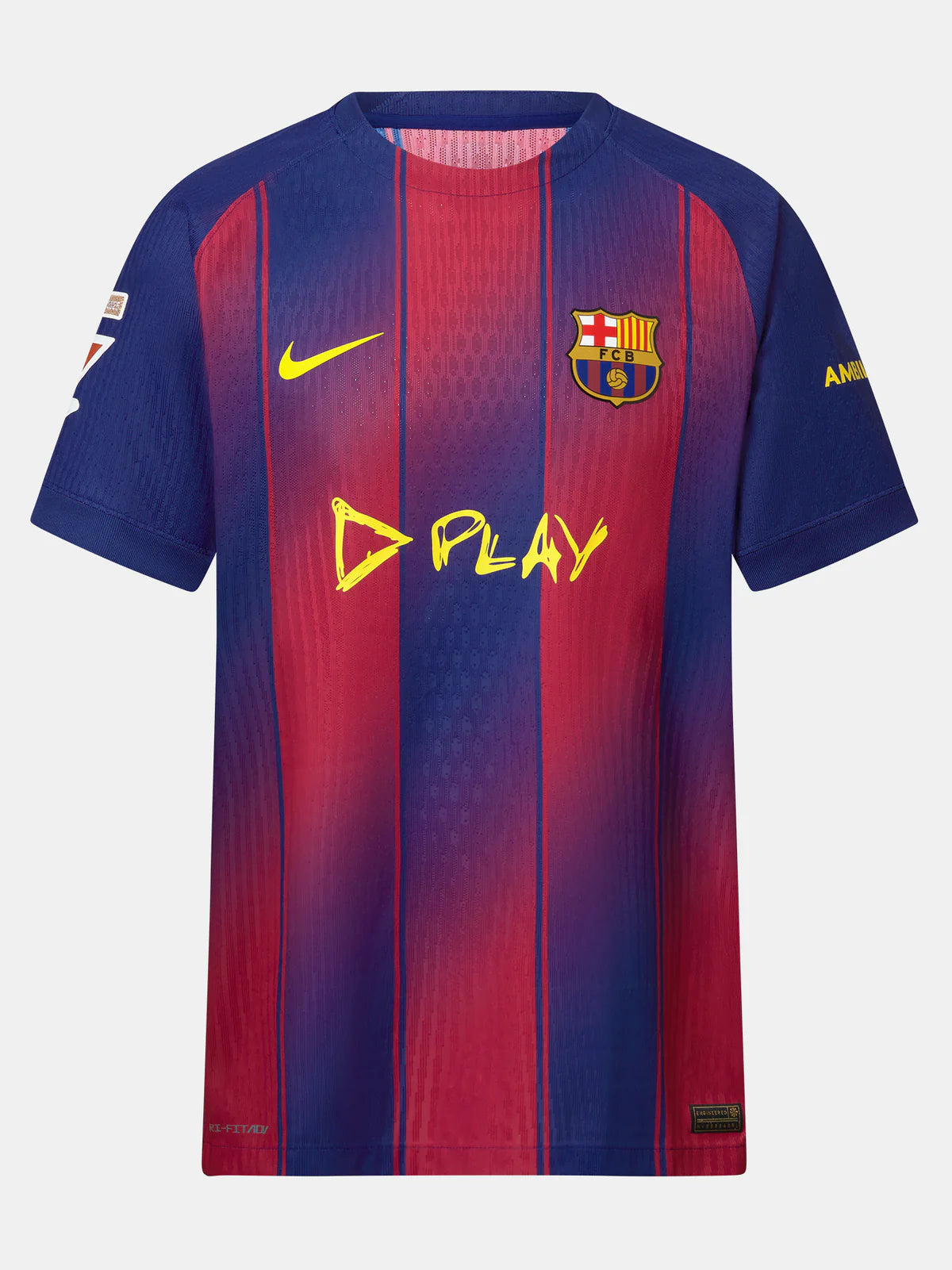 TD_547a6ffc-d160-40da-8898-123bb61bc4b5 | UAE SPORT STORE Barcelona football jersey with red and blue vertical stripes, Nike swoosh in yellow, club crest, and bold yellow 'PLAY' text.
