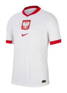 Poland national soccer jersey: white shirt with red collar, red eagle crest on chest, and red Nike swoosh.