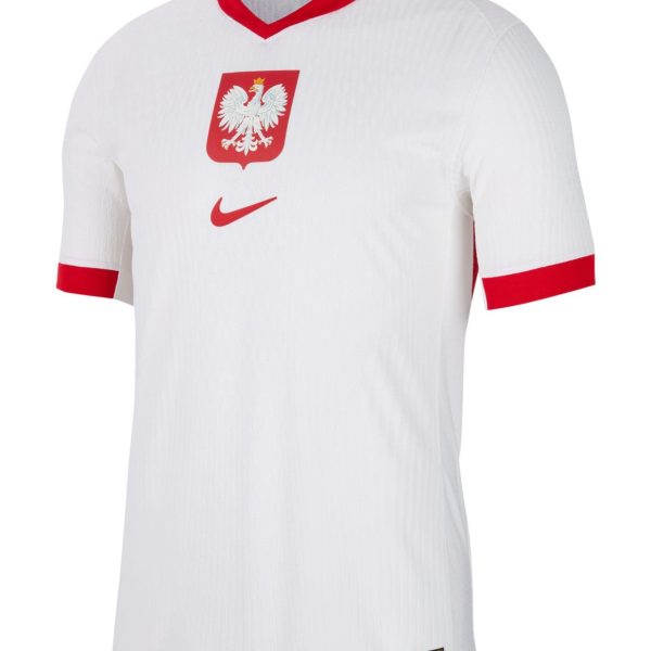 Poland national soccer jersey: white shirt with red collar, red eagle crest on chest, and red Nike swoosh.