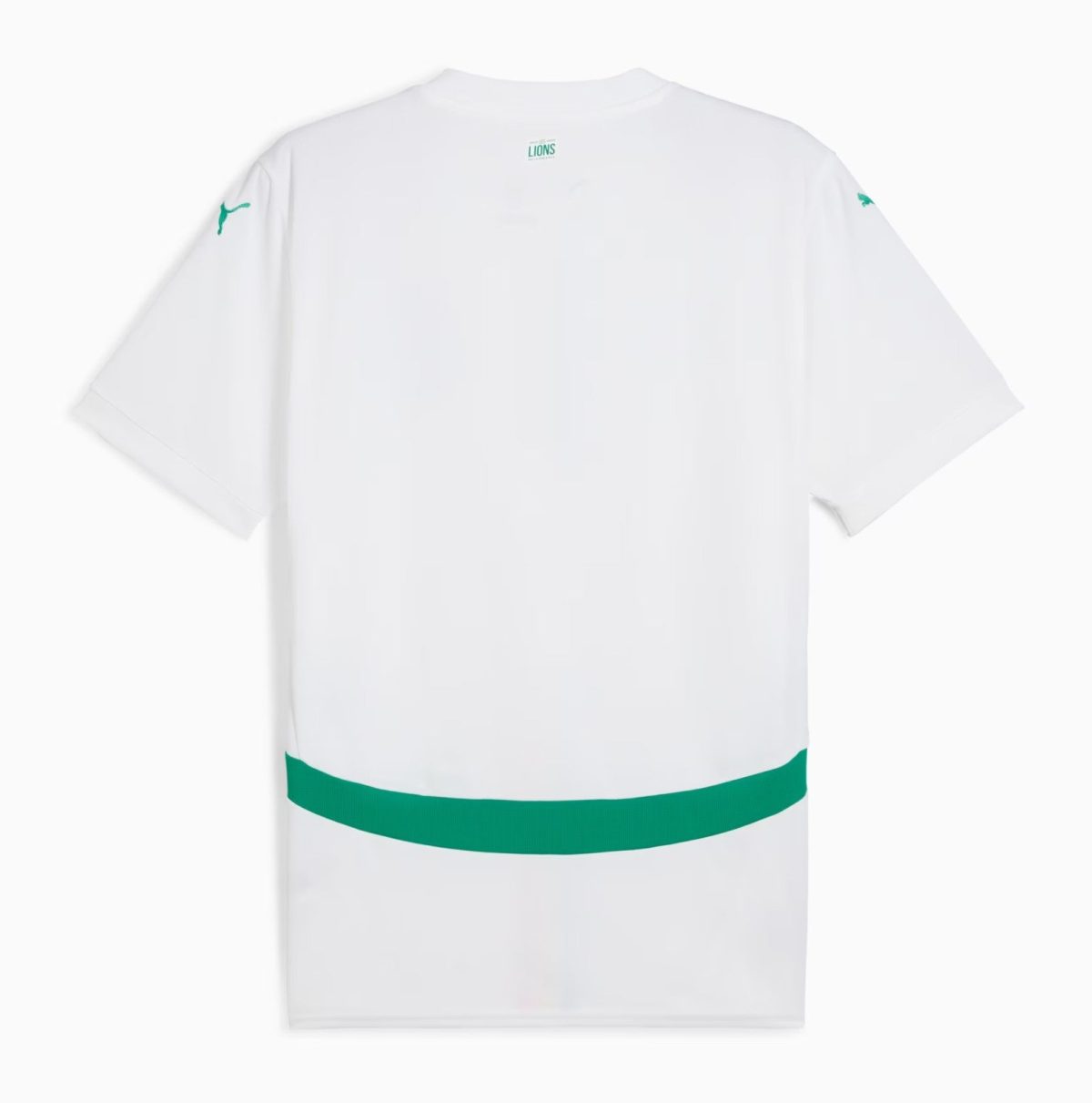 White oversized T-shirt with a teal logo on the sleeve and a wide green band at the lower hem.