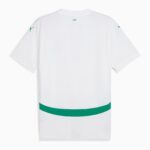 White oversized T-shirt with a teal logo on the sleeve and a wide green band at the lower hem.