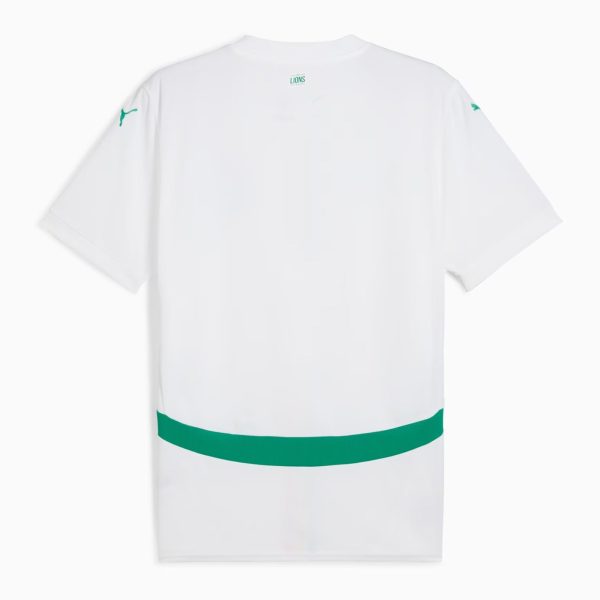 White oversized T-shirt with a teal logo on the sleeve and a wide green band at the lower hem.