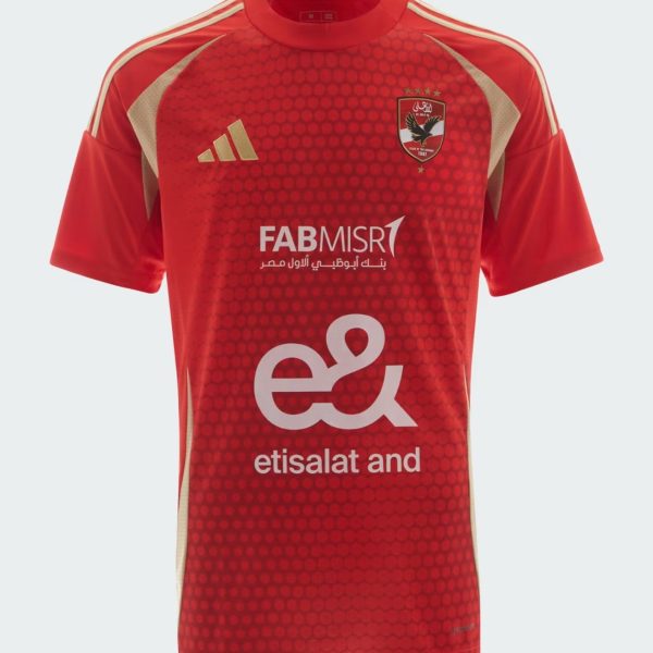 Red soccer jersey front view with honeycomb pattern, Adidas logo, club crest, and sponsor text (Etisalat).